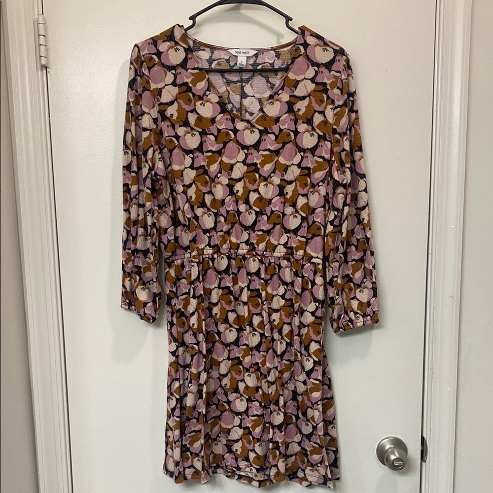 Nine West Pink and Brown Sheath Midi Dress with Bishop Sleeves